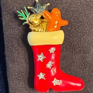 SWAROVSKI  Red Boot Brooch gingerbread man red enamel Gold w/ crystals 🐈‍⬛